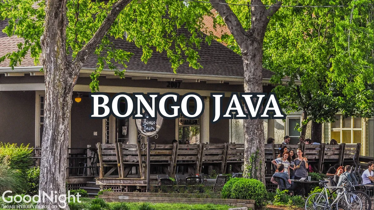The image depicts the exterior of Bongo Java, complete with a visible sign, outdoor seating, and people socializing. The atmosphere is casual, with hints of local culture and community engagement.