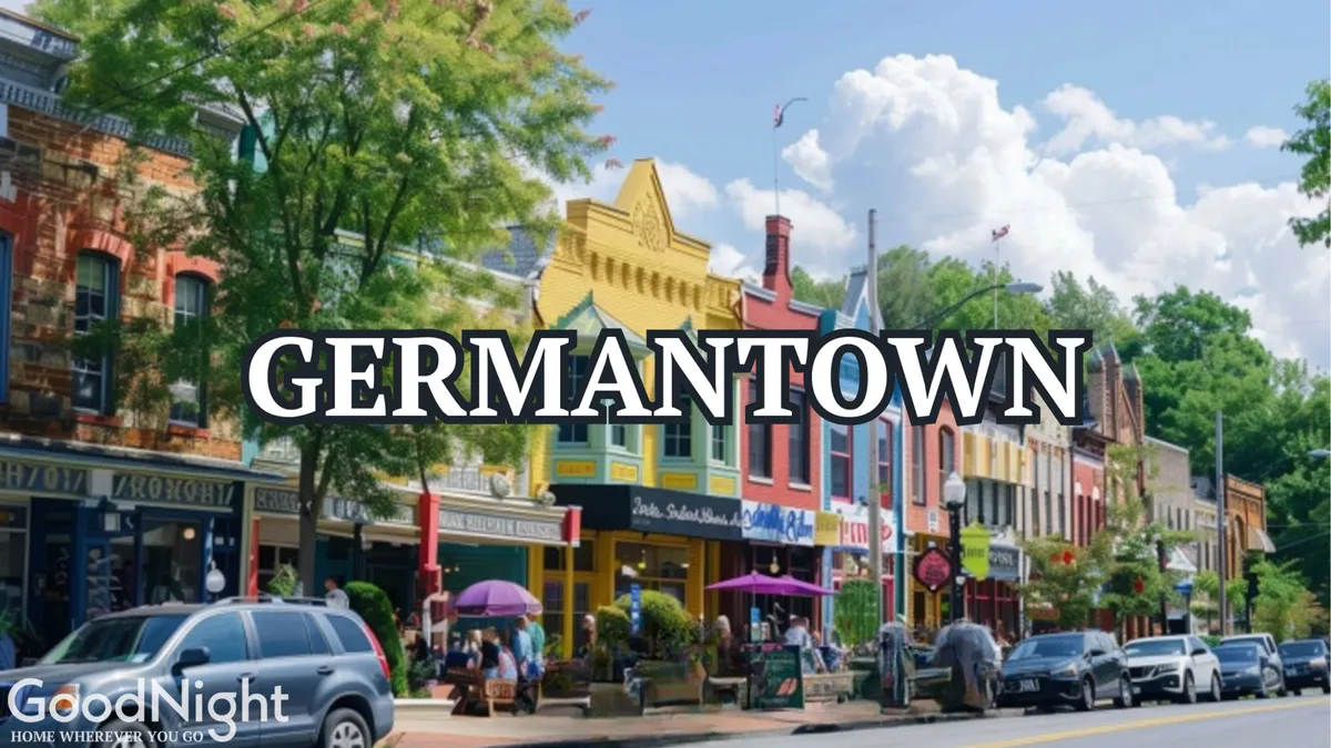 This exterior scene shows colorful storefronts, people mingling on the sidewalks, and greenery along the street. The atmosphere is lively and welcoming, reflecting Nashville’s unique blend of shopping, dining, and local community.
